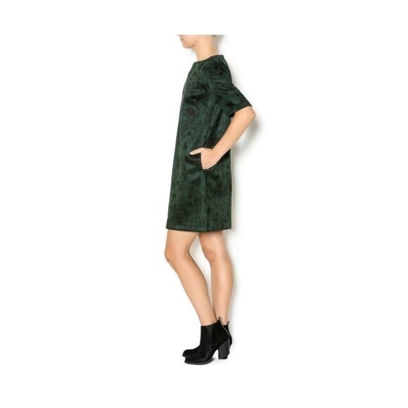FRNCH Dark Green Floral Faux Suede Mini Dress Short Sleeve Size S - Picture 3 of 8